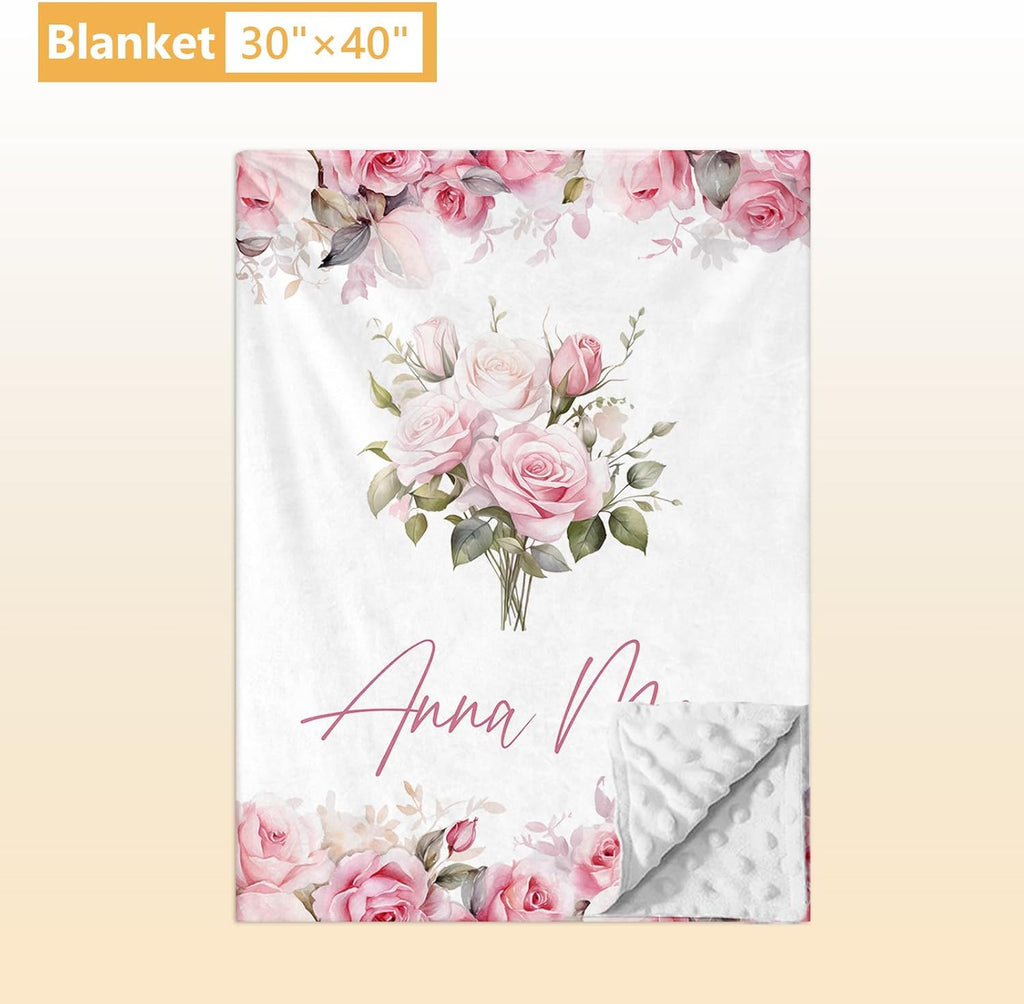 Terwex Custom Crib Bedding Set - 5 Pcs Personalized Name Pink Flowers Baby Crib Set for Infant Toddler Girl - Comfortable Double Layer Nursery Bedding Set - Customized Present for Birthday Baby Shower