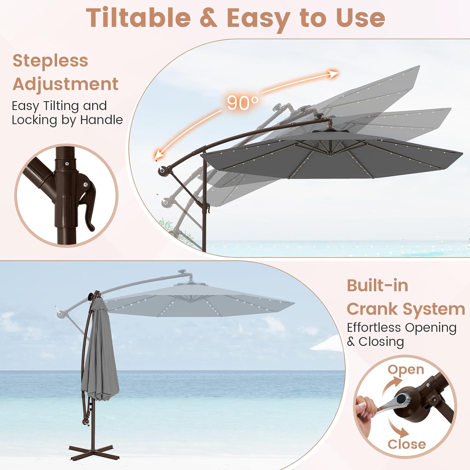 Tangkula 10FT Offset Patio Umbrella with Base Included, Outdoor Cantilever Umbrella with 40 Solar LED Lights, Tilt Adjustment, Crank Handle, Vented Top, Sand Bags for Pool Yard Deck (Gray)