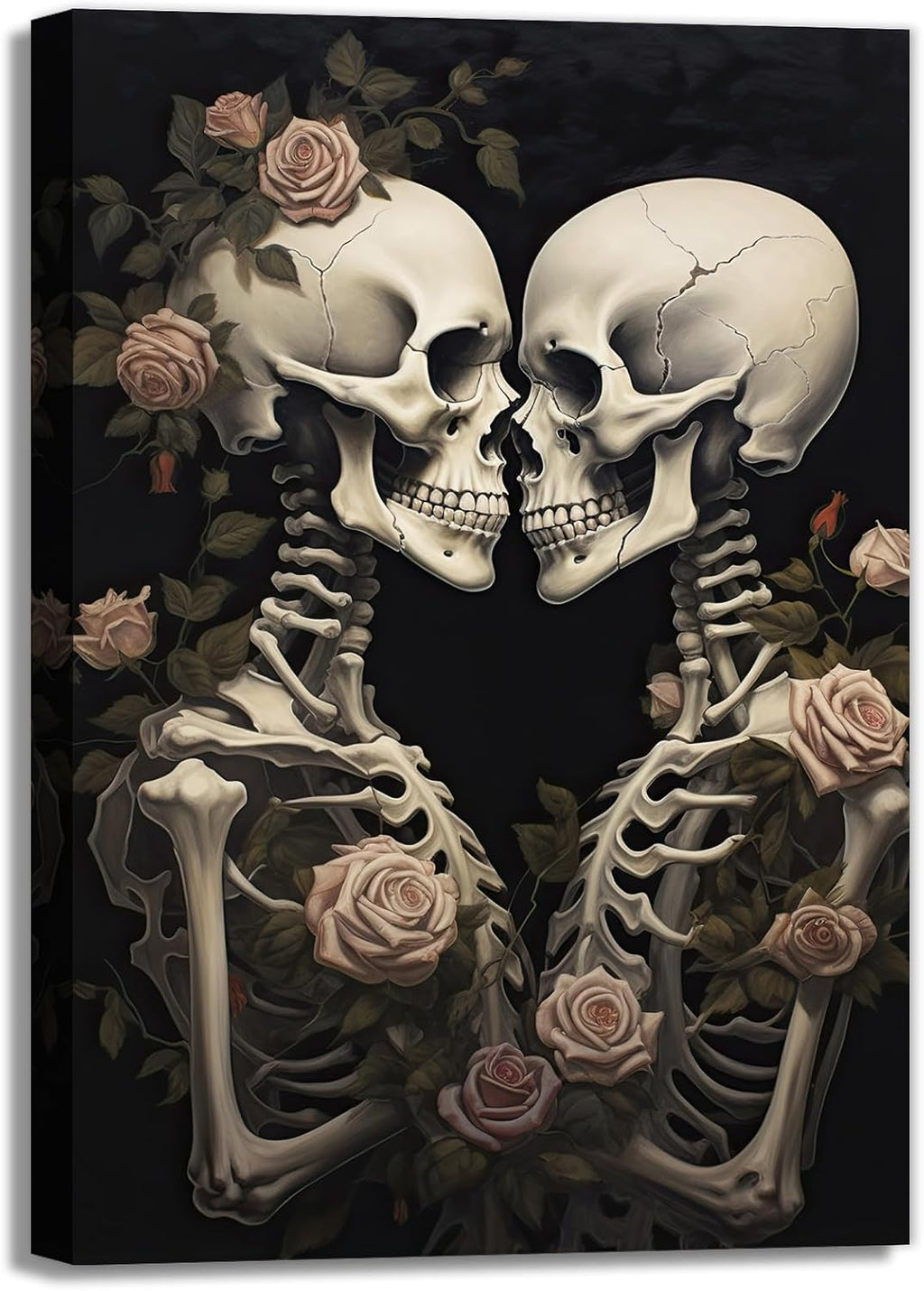 OAAPITI Vintage Skeleton Canvas Wall Art Gothic Painting Artwork Retro Rose Skull Art Poster Abstract Romantic Theme Picture Halloween Living Room Decor(Artwork-4,28'x42')