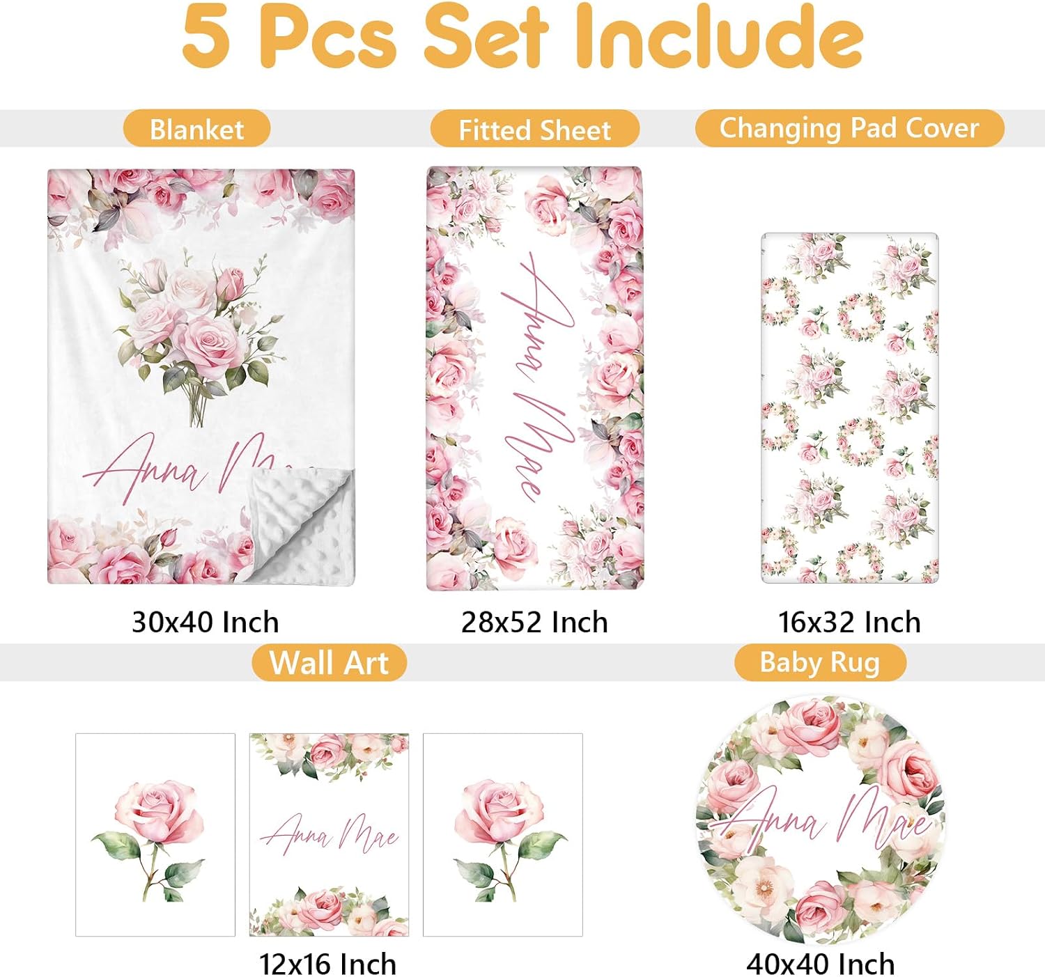 Terwex Custom Crib Bedding Set - 5 Pcs Personalized Name Pink Flowers Baby Crib Set for Infant Toddler Girl - Comfortable Double Layer Nursery Bedding Set - Customized Present for Birthday Baby Shower