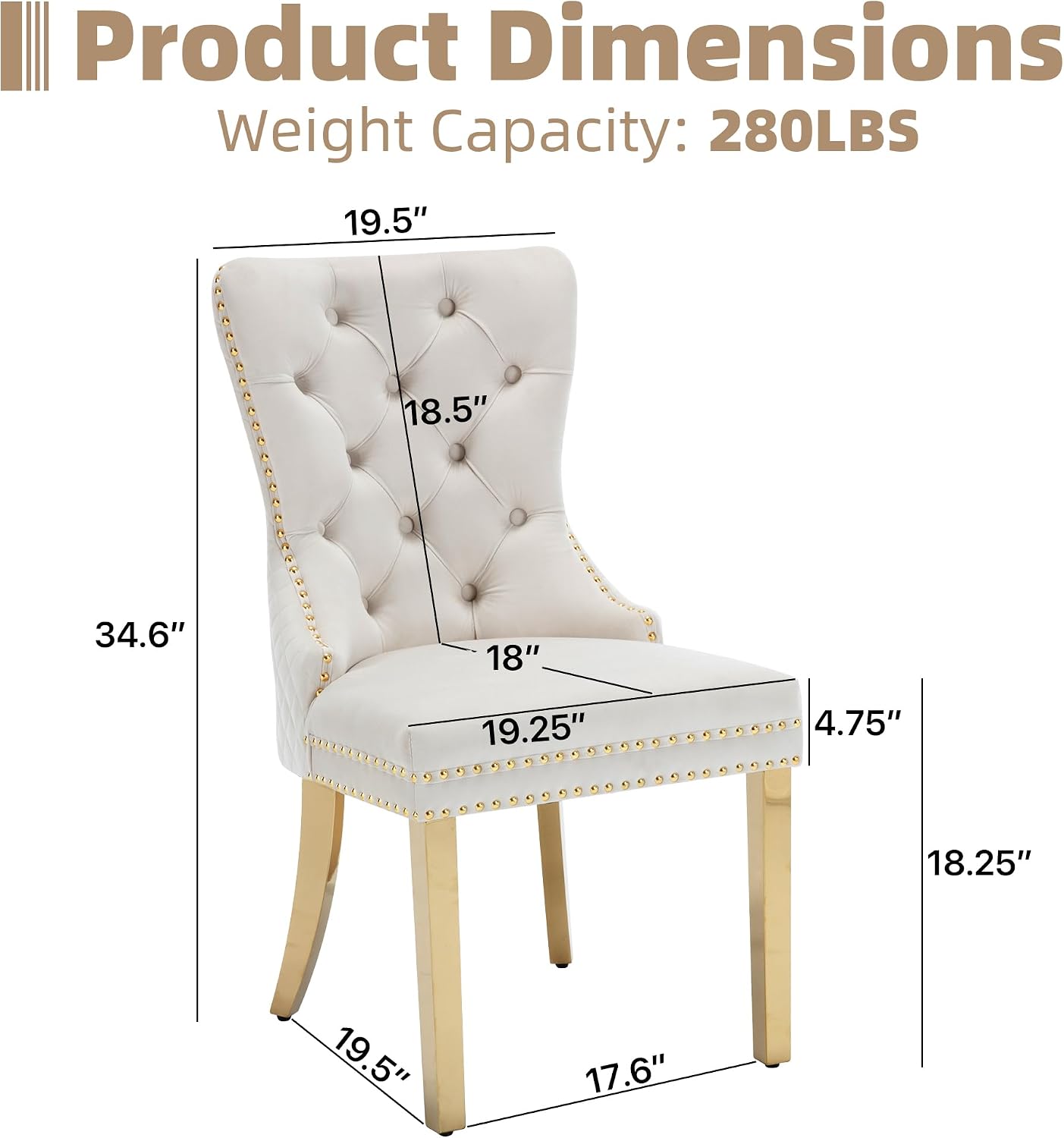 Velvet Dining Chairs Set of 6, Upholstered Dining Room Chairs, Mid-Century Modern Chairs with Diamond Lattice Tufted Back, Lion Pull Ring Rivet Trim, Golden Metal Legs for Kitchen, Beige