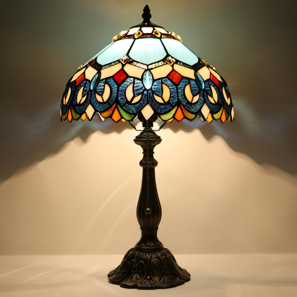 Tiffany Lamp Stained Glass Table Lamp Bedside Reading Light W12H19 Inches (Sapphire Style)