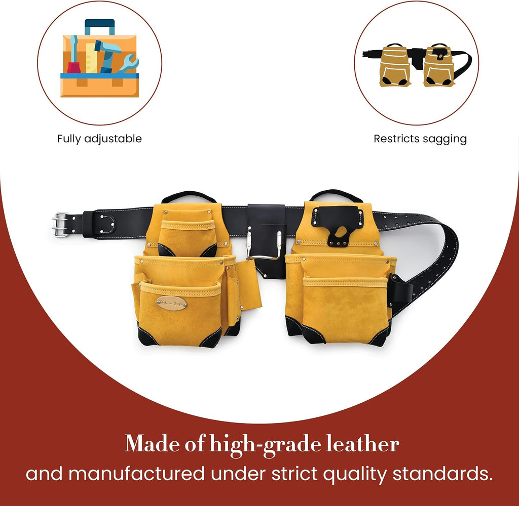 Style n Craft 4-Piece and 17-Pocket Pro Framer's Combo, Tool Belt with 2 Tool Pouches and 1 Pliers and Hammer Holder, Full-Grain Leather Tool Belt Combo, Yellow with Black Leather Corners (93414)