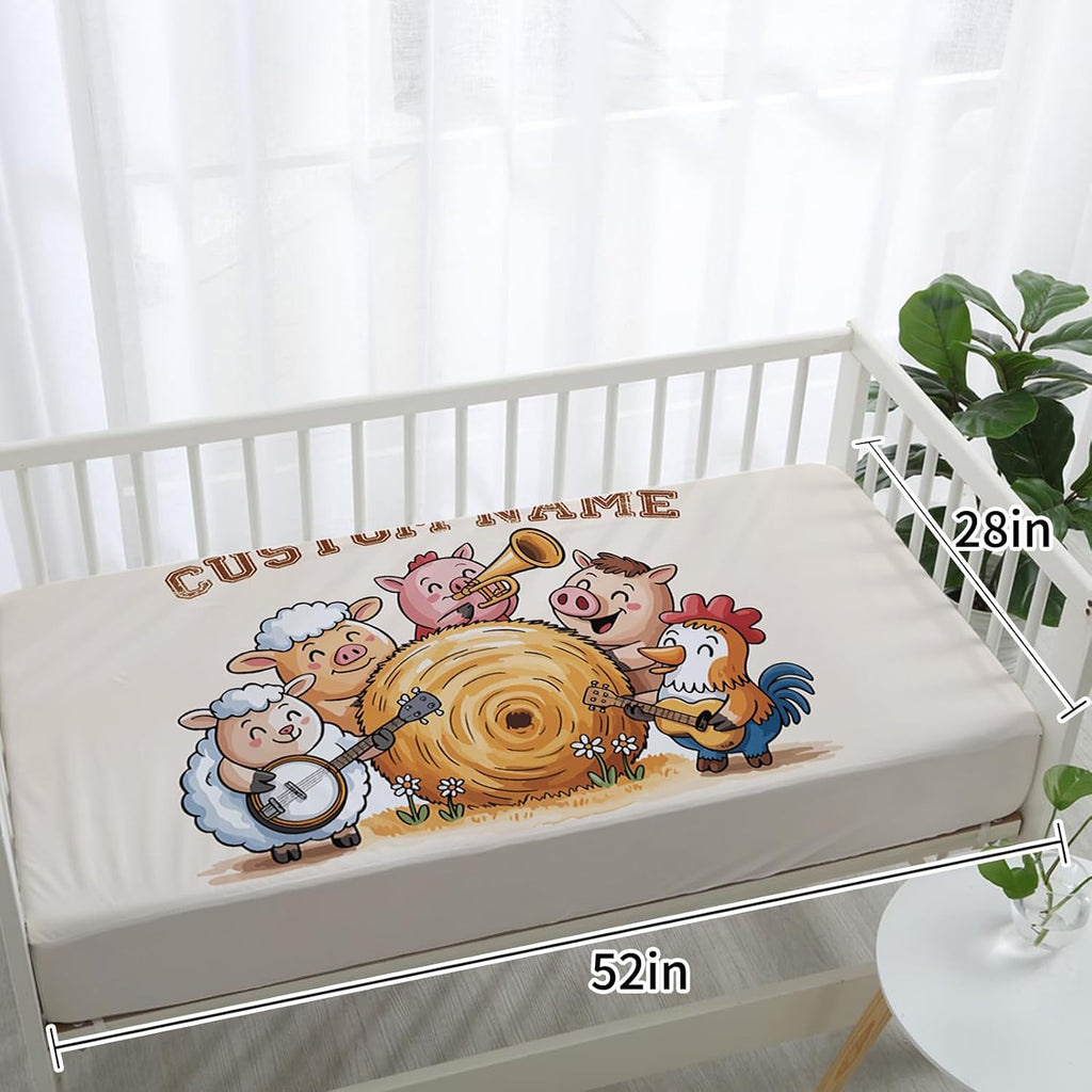Personalized Crib Bedding Set for Baby Boys Girls, Farm Animals Design Custom Name Baby Crib Sets 5-Pcs, Double Layer Baby Blanket Fitted Sheet Changing Pad Cover Rug Wall Art Set