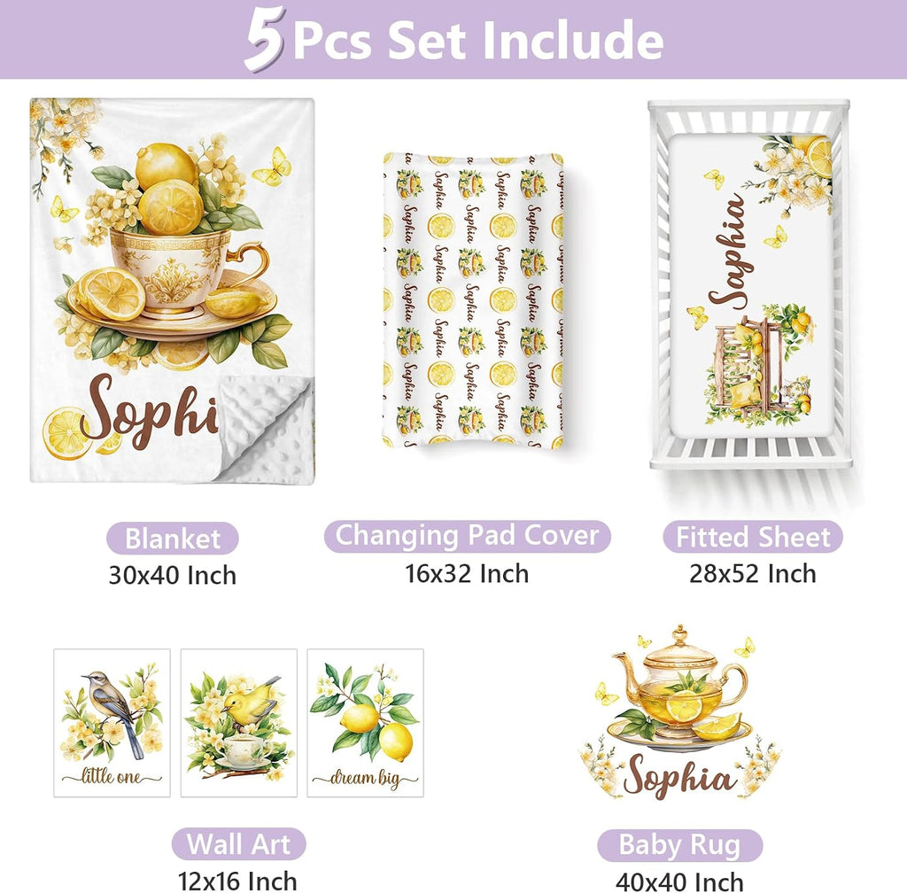 Personalized Baby Crib Bedding Set, 5 Pcs Custom Name Nursery Bedding Set for Girls Boys, Lemon Bird Baby Crib Set for Toddlers Infants, Double Layer Bedding Crib Sets Customized Gifts