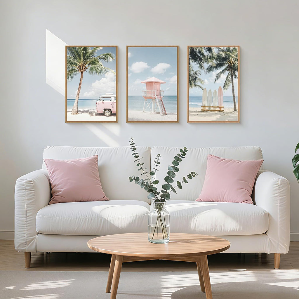 Celestdeco Large Beach Seascape Ocean Framed Canvas Wall Art Set,Modern Coastal Surfboard Palm Tree Wall Decor,Summer Pink Van Artwork for Living Room,Bedroom,Dining Room,Office-24 x36 x3