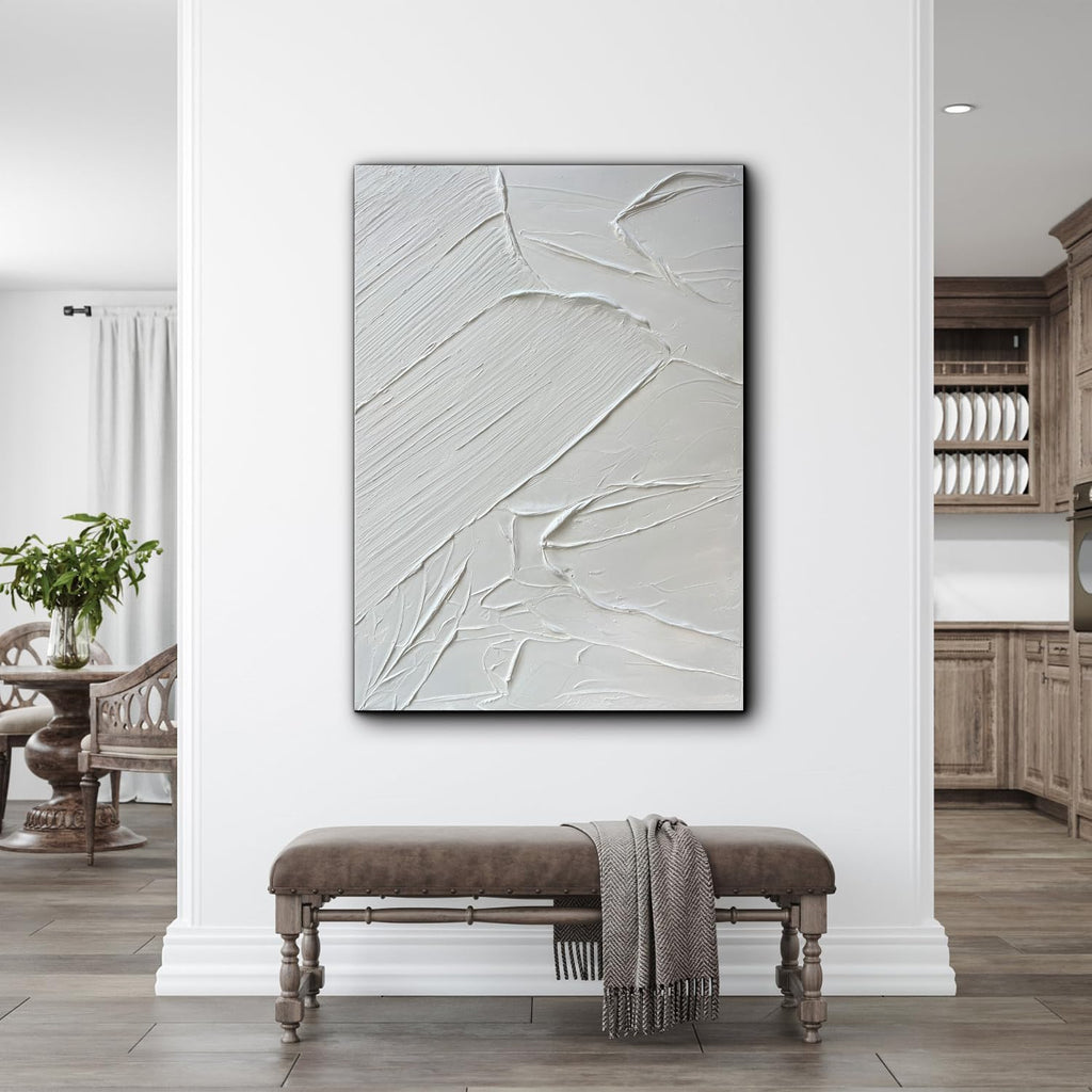 Creespi White Textured Wall Art - Hand Painted Abstract Oil Painting 28x40 inch,Contemporary Minimalist Art Painting for Wall Decor