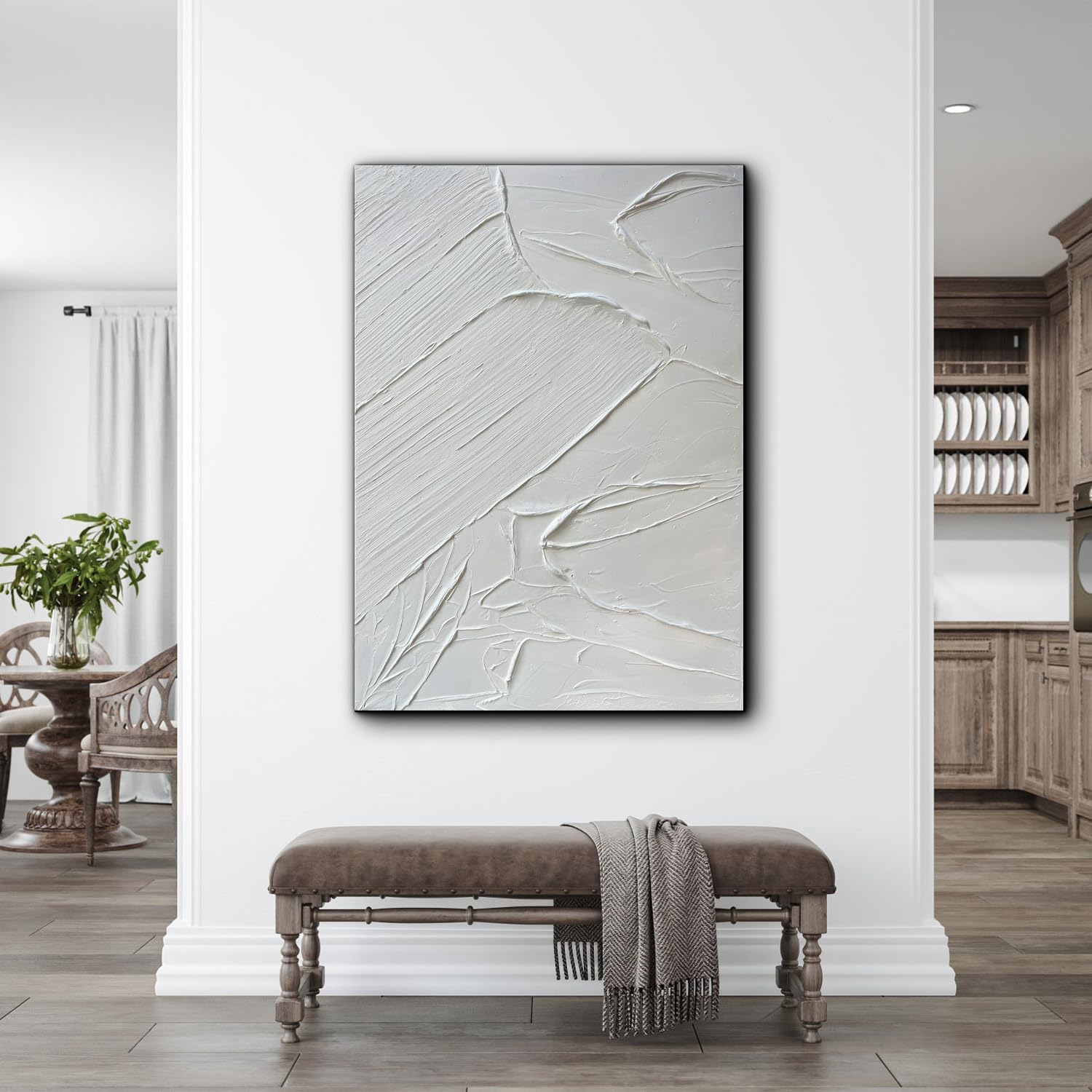 Creespi White Textured Wall Art - Hand Painted Abstract Oil Painting 28x40 inch,Contemporary Minimalist Art Painting for Wall Decor