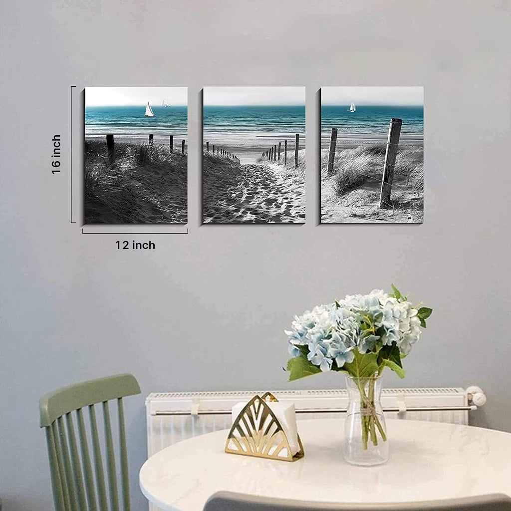 Beach Coastal Wall Art Blue Ocean Landscape Wall Decor for Living Room Bathroom Black and White Scenery Canvas Prints Pictures Seascape Sand Dune Paintings Artwork Office Home Decorations 16x24' 3 Pcs