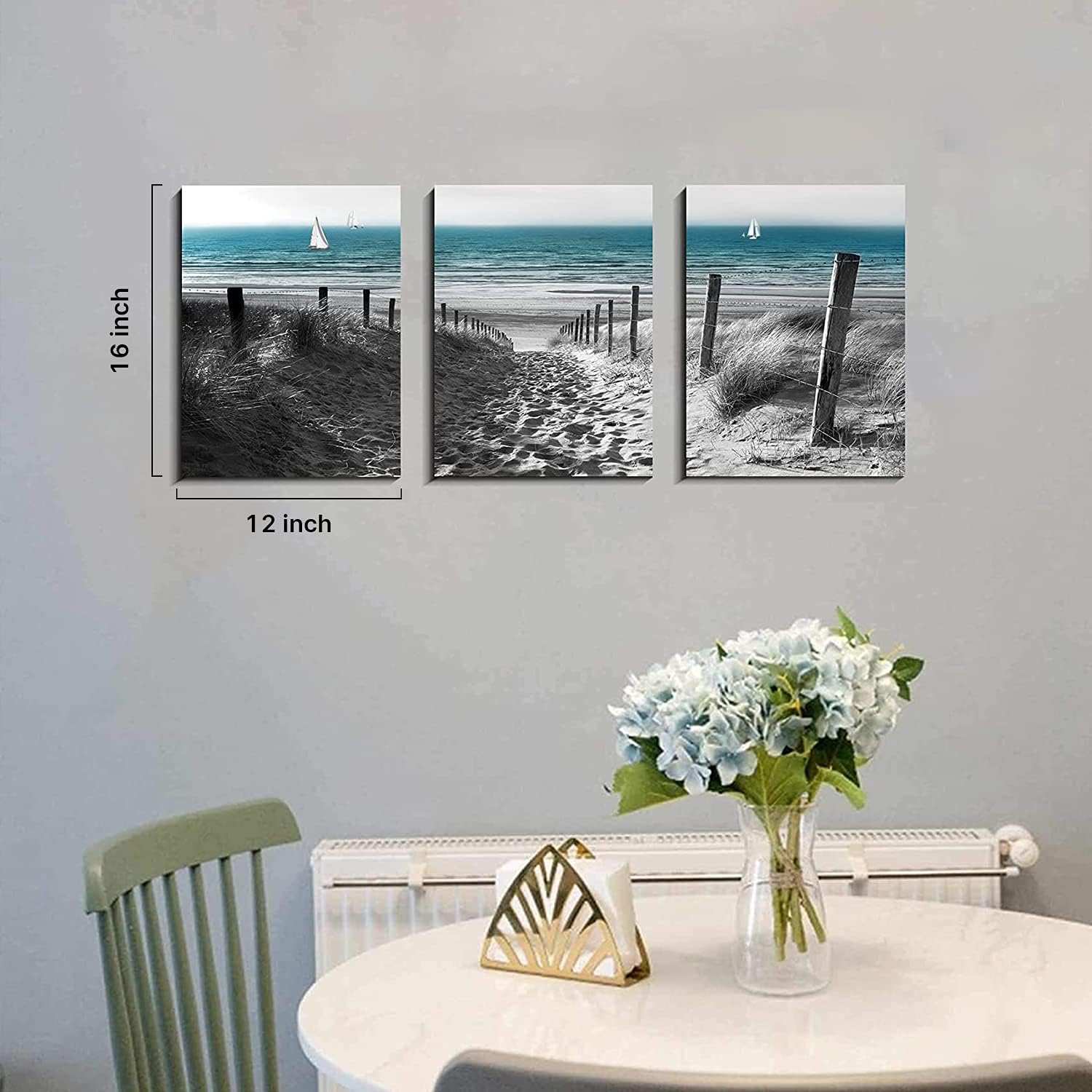 Beach Coastal Wall Art Blue Ocean Landscape Wall Decor for Living Room Bathroom Black and White Scenery Canvas Prints Pictures Seascape Sand Dune Paintings Artwork Office Home Decorations 16x24' 3 Pcs
