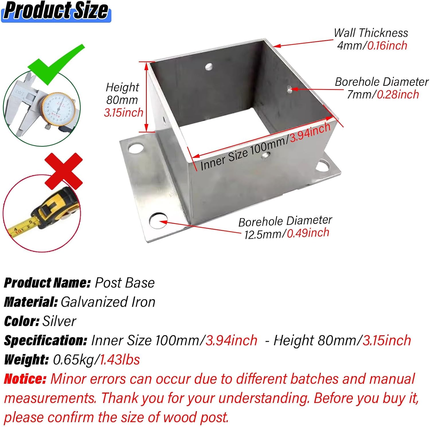 2 Pcs Heavy Duty Metal Fence Post Anchor Base - Galvanized Steel Brackets for Porch Railing and Fence Support(100x80mm)