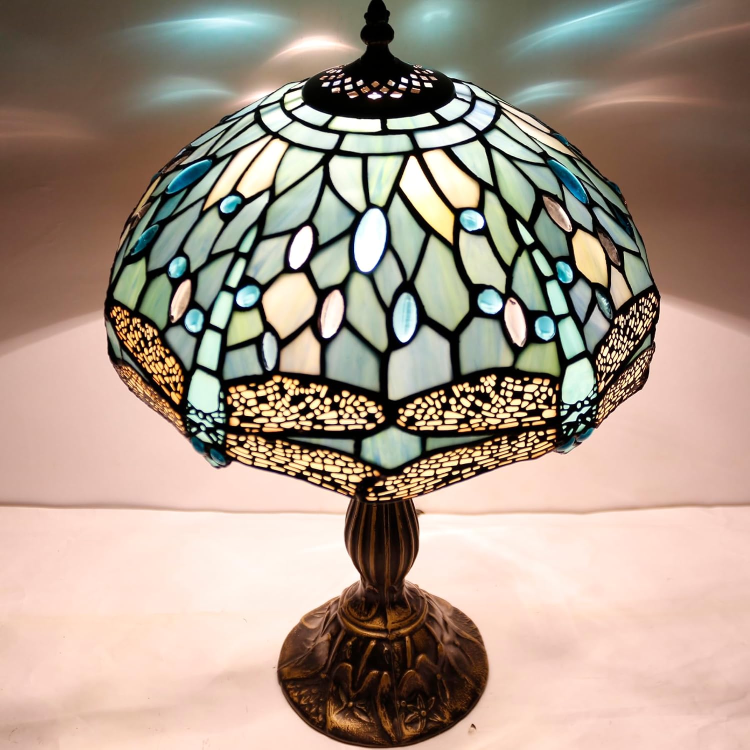 WERFACTORY Tiffany Lamp Sea Blue Stained Glass Table Lamp 12X12X18 Inches Dragonfly Style Desk Reading Light S147 Series