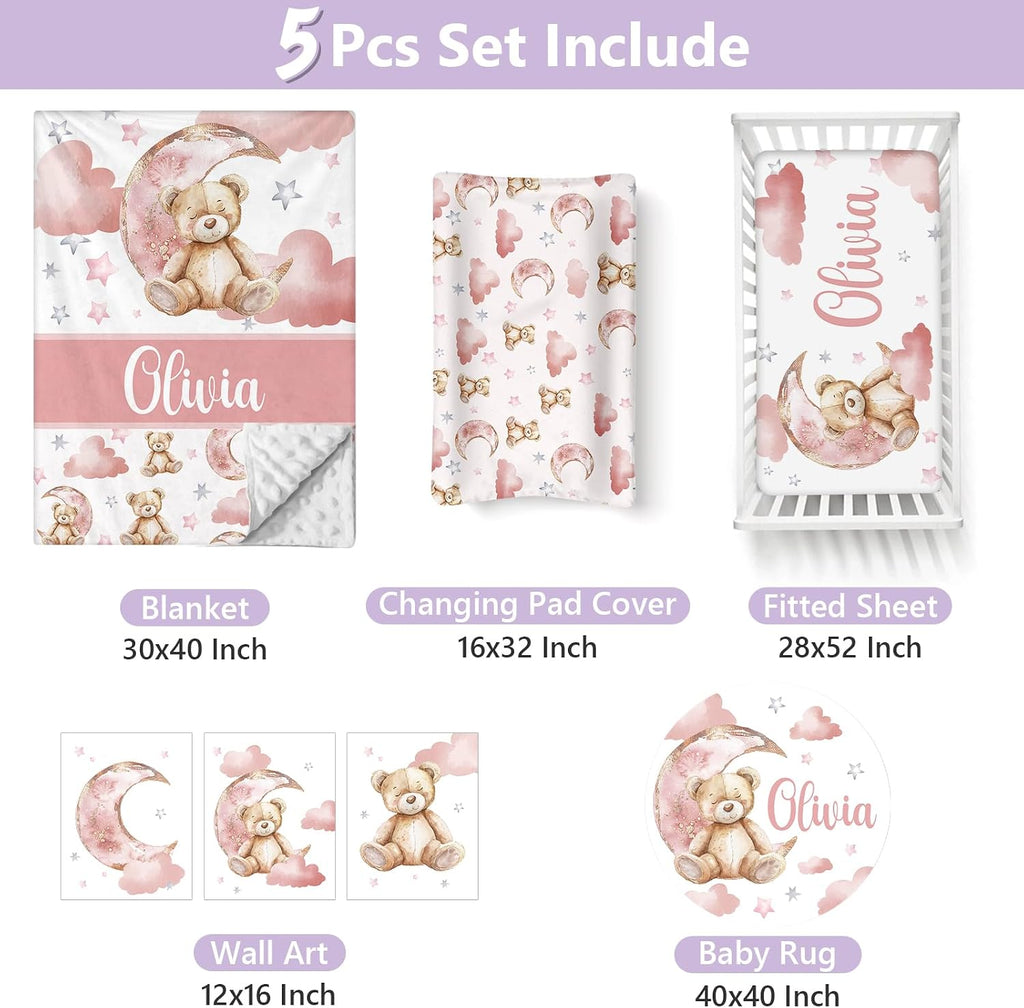 Personalized Baby Crib Bedding Set, 5 Pcs Custom Name Nursery Bedding Set for Girls Boys, Pink Bear Baby Crib Set for Toddlers Infants, Double Layer Bedding Crib Sets Customized Gifts