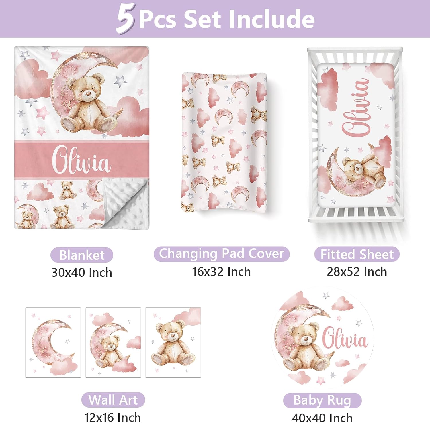 Personalized Baby Crib Bedding Set, 5 Pcs Custom Name Nursery Bedding Set for Girls Boys, Pink Bear Baby Crib Set for Toddlers Infants, Double Layer Bedding Crib Sets Customized Gifts