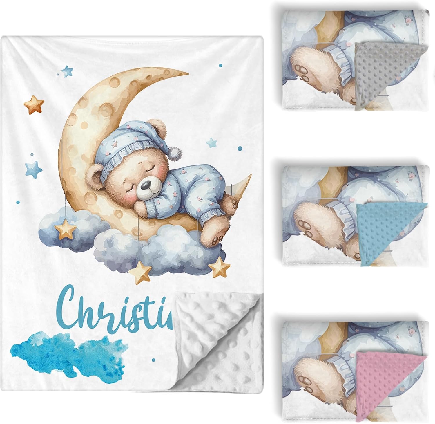 Personalized Baby Crib Bedding Set, 5 Pcs Custom Name Nursery Bedding Set for Girls Boys, Blue Moon Bear Baby Crib Set for Toddlers Infants, Double Layer Bedding Crib Sets Customized Gifts