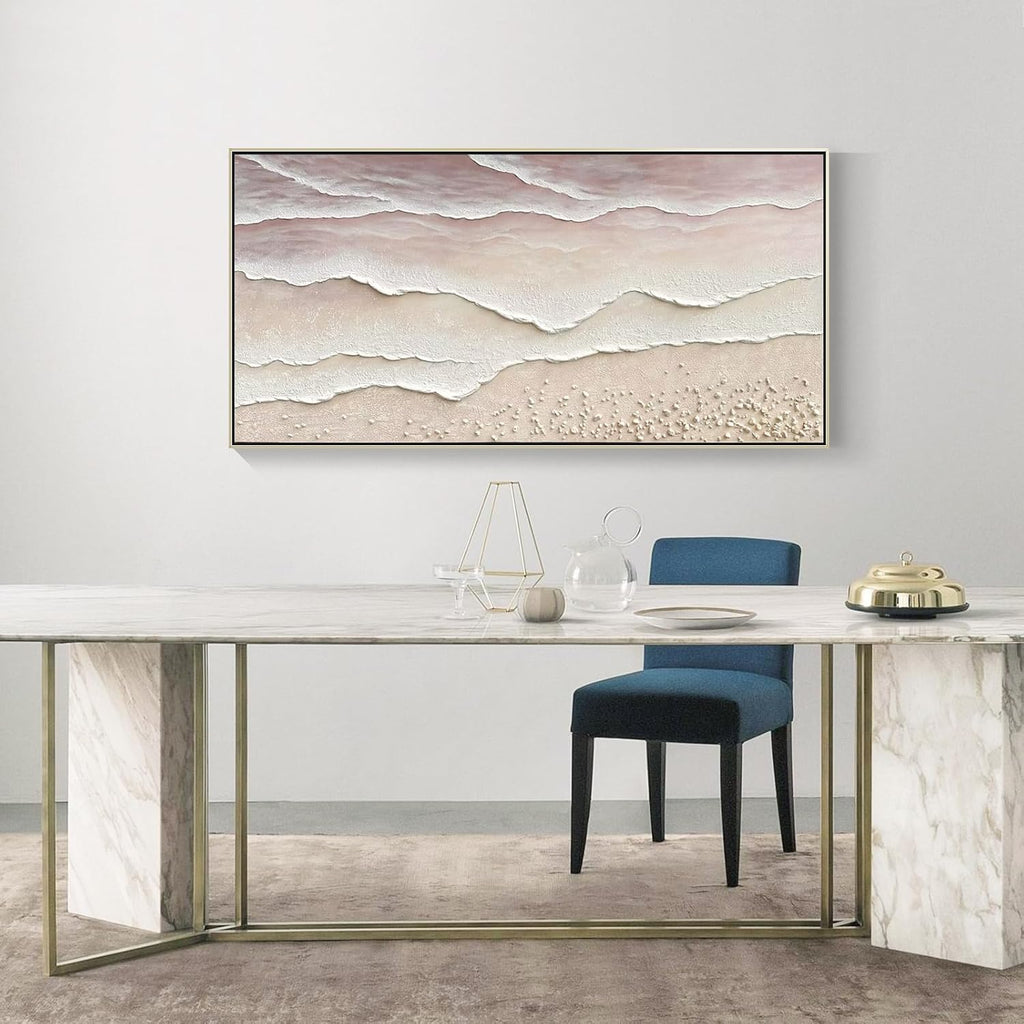 Beach Wave Textured Wall Art - Hand Painted Abstract Wall Painting for Living Room Framed Artwork 60x30 Horizontal Canvas Extra Large Plaster Wall Decor
