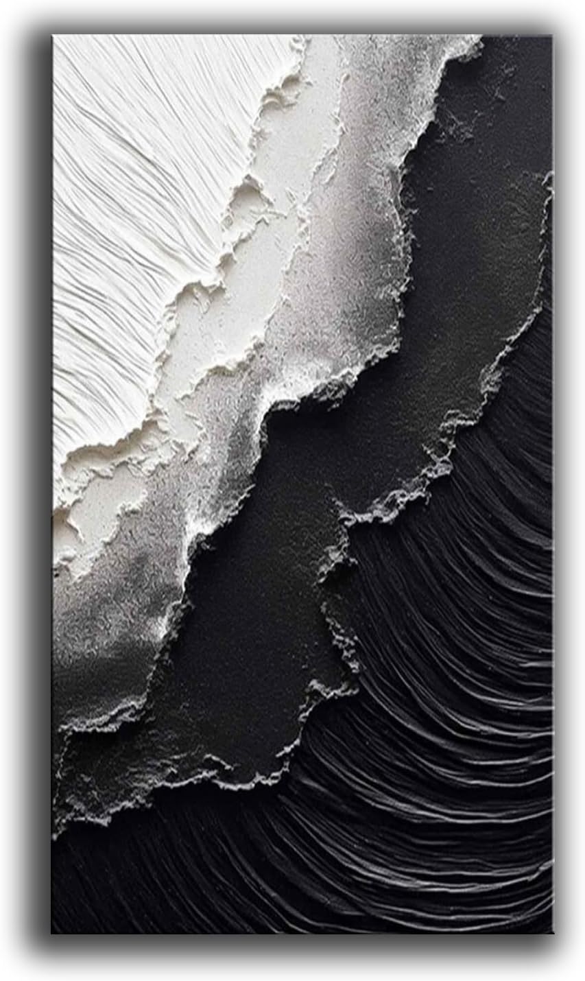 YaSheng Art - Vertical Wall Art Texture Abstract Oil Painting ,Hand Painted sea wave Black and White Wall Art Minimalist modern Art Paintings,, Home Living room Room Dining Room Bedroom Wall Decorative Art Oil Painting 24x48inch