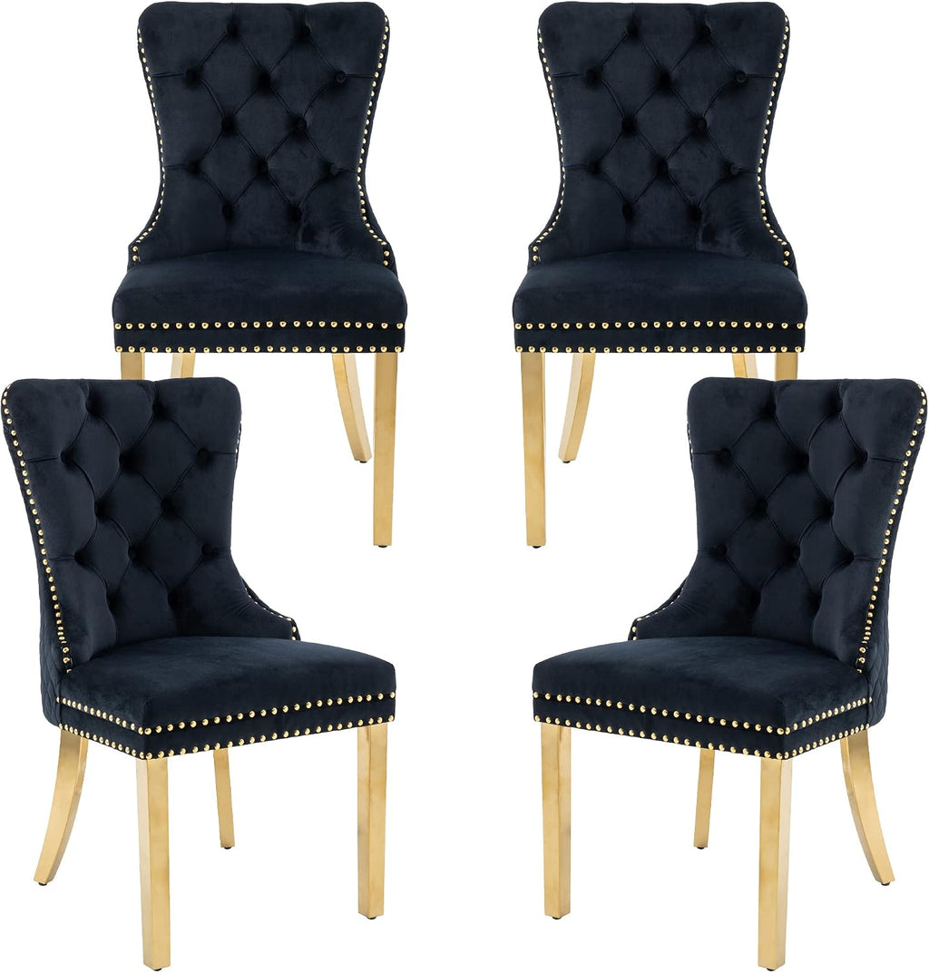 civama Dining Chairs Set of 4, Elegant Luxury Velvet Tufted Dining Chairs Golden Legs & Nailhead Trim, Back Lion Head Pull Ring & Rhomboid Pattern, Nikki Collection Armless Kitchen Chair, Black