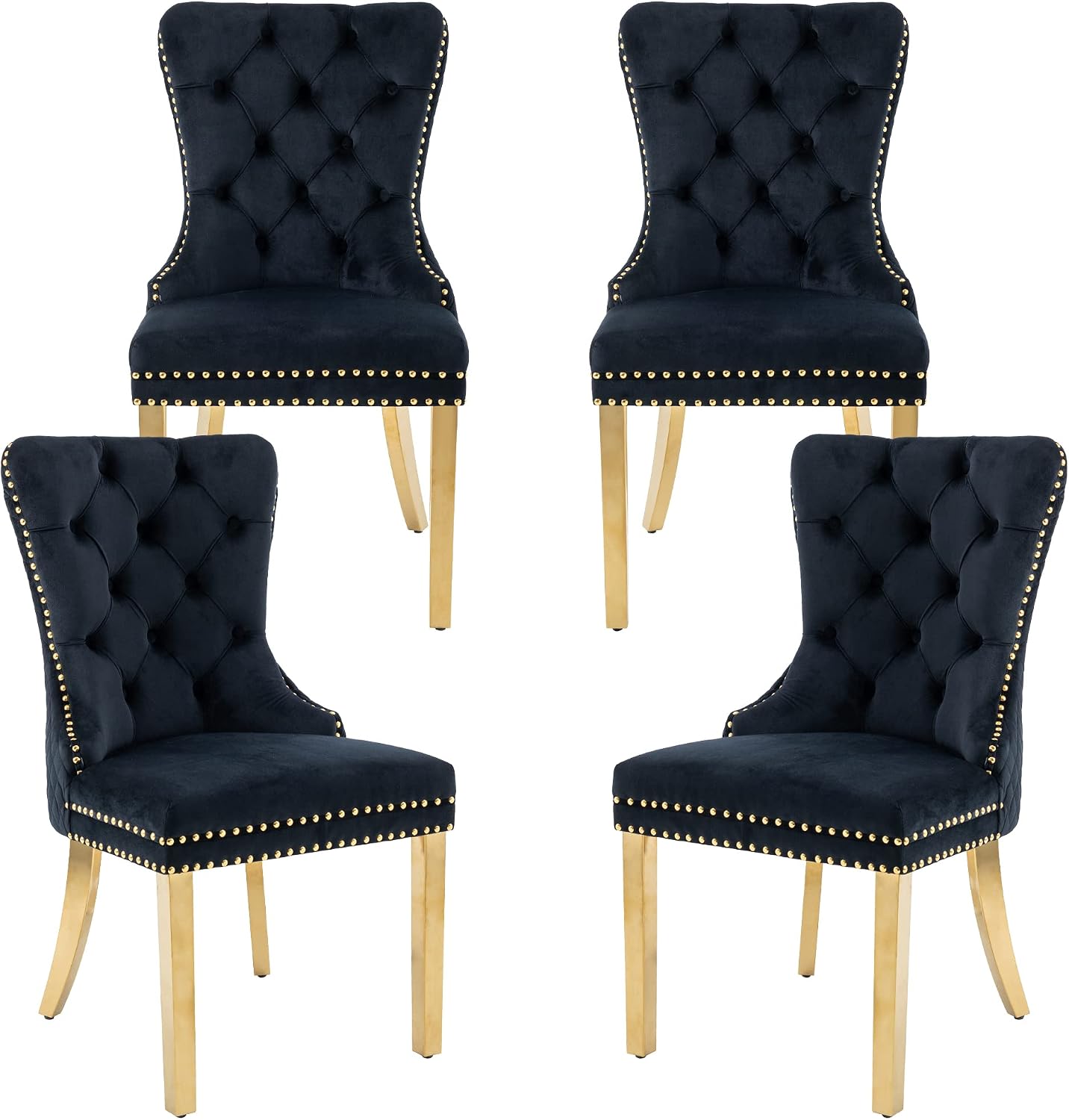 civama Dining Chairs Set of 4, Elegant Luxury Velvet Tufted Dining Chairs Golden Legs & Nailhead Trim, Back Lion Head Pull Ring & Rhomboid Pattern, Nikki Collection Armless Kitchen Chair, Black