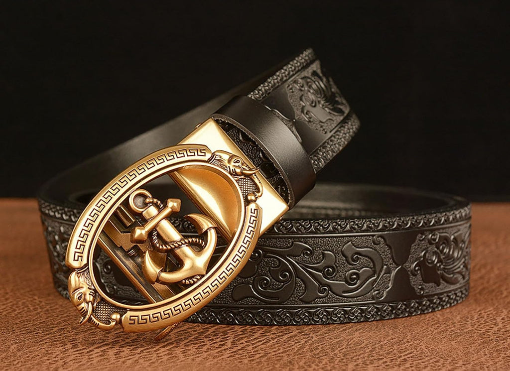 Mens Ratchet Leather Belt, Genuine Leather belts, Engraved Vintage Dragon Eagle Tiger Buckle, Business leisure belt
