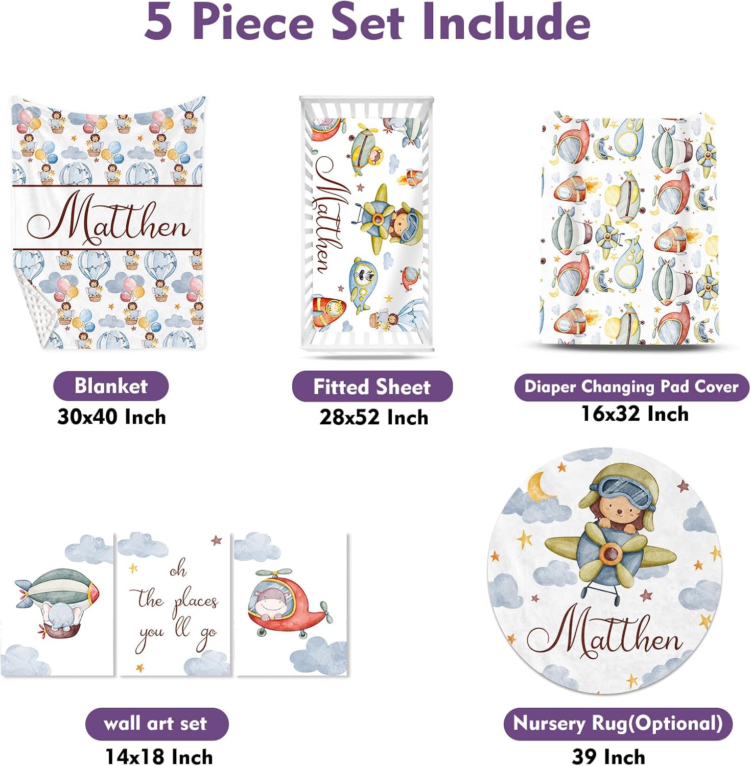 Personalized Crib Bedding Set for Baby Boys Girls, Custom Name Baby Crib Sets 5-Pcs - Toddler Double Layer Blanket Fitted Sheet Changing Pad Cover Rug Wall Art Set, Balloon Clouds Theme Nursery Décor