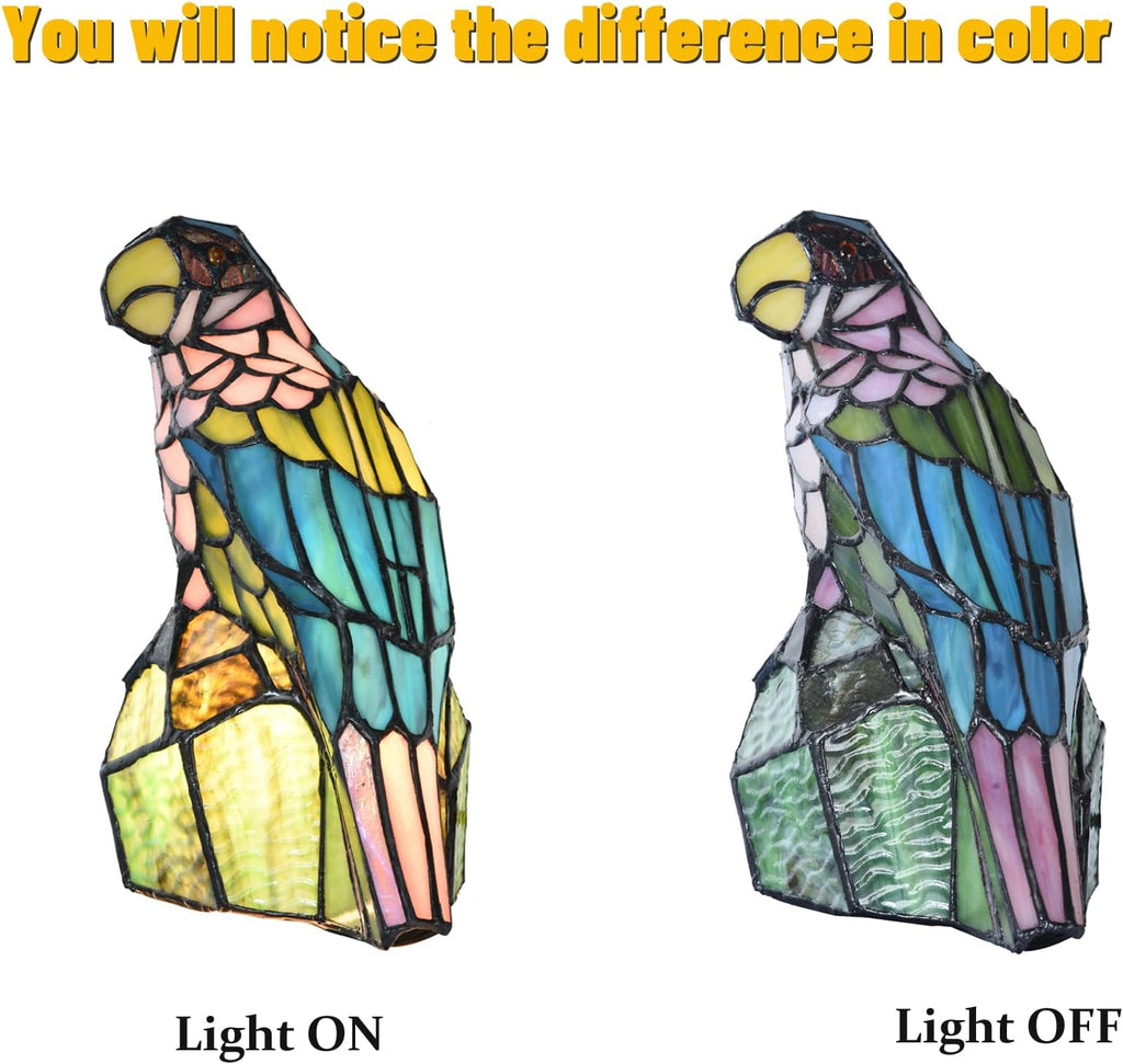 A0023 Tiffany Style Stained Glass Parrot Table Lamp, Handcrafted Colorful Bird Accent Light,W 7.25' x H 11.5' Vintage Desk Lamp for Bedroom Living Room Cafe, LED Bulb Included