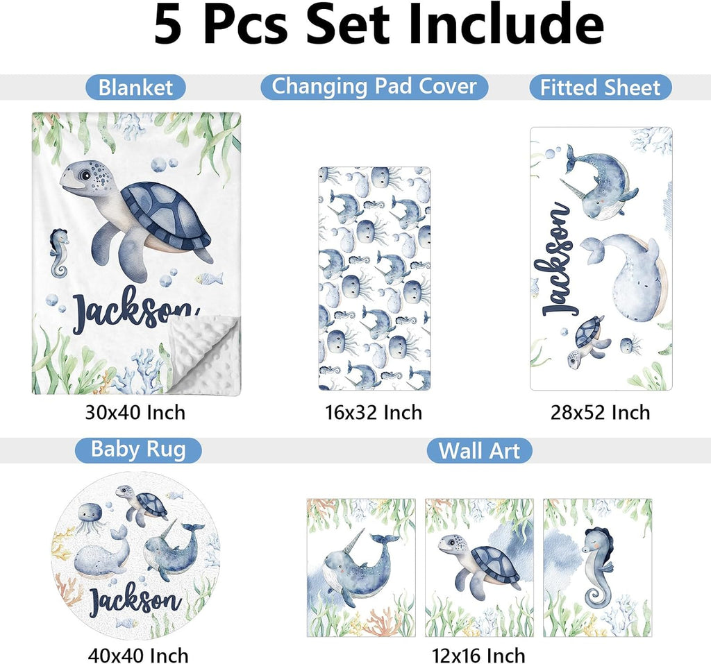 KAINSY Personalized Baby Crib Bedding Set, 5 Pcs Custom Name Bedding Set, Double Layer Nursery Set, Ocean Animal Crib Set for Girls & Boys, Gift for Toddler & Infant