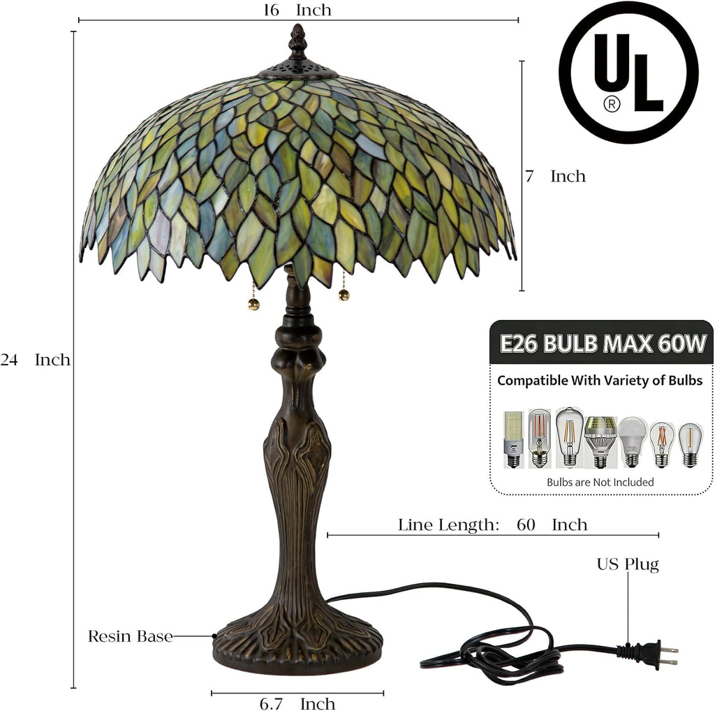 Tiffany Lamp 16' Stained Glass Table Lamp for Large Space Vintage Style Antique Bronze Base Desk Light Decorate Bedside Bedroom Living Room Entry Hallway Home Office (Green Wisteria)