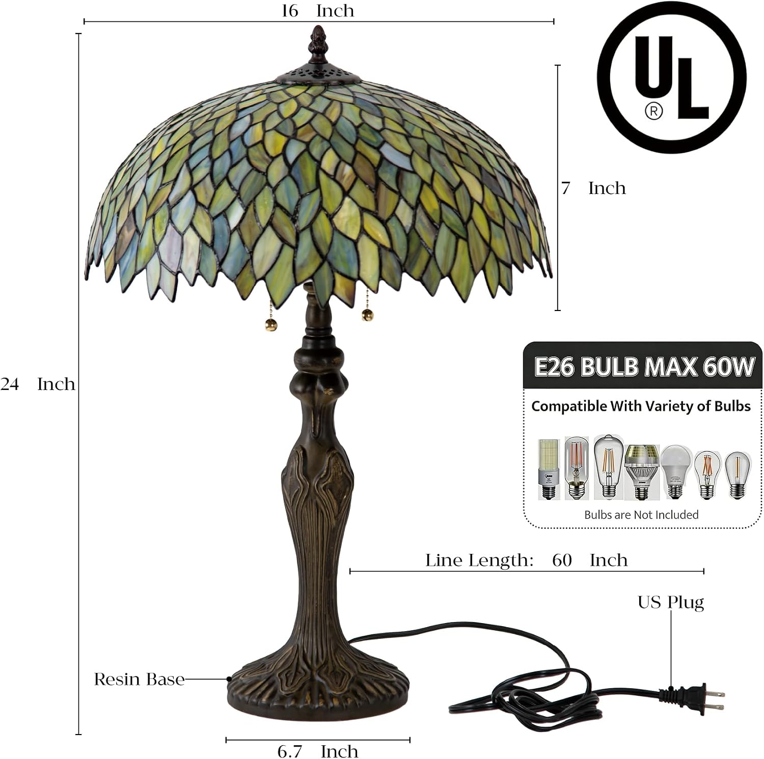 Tiffany Lamp 16' Stained Glass Table Lamp for Large Space Vintage Style Antique Bronze Base Desk Light Decorate Bedside Bedroom Living Room Entry Hallway Home Office (Green Wisteria)