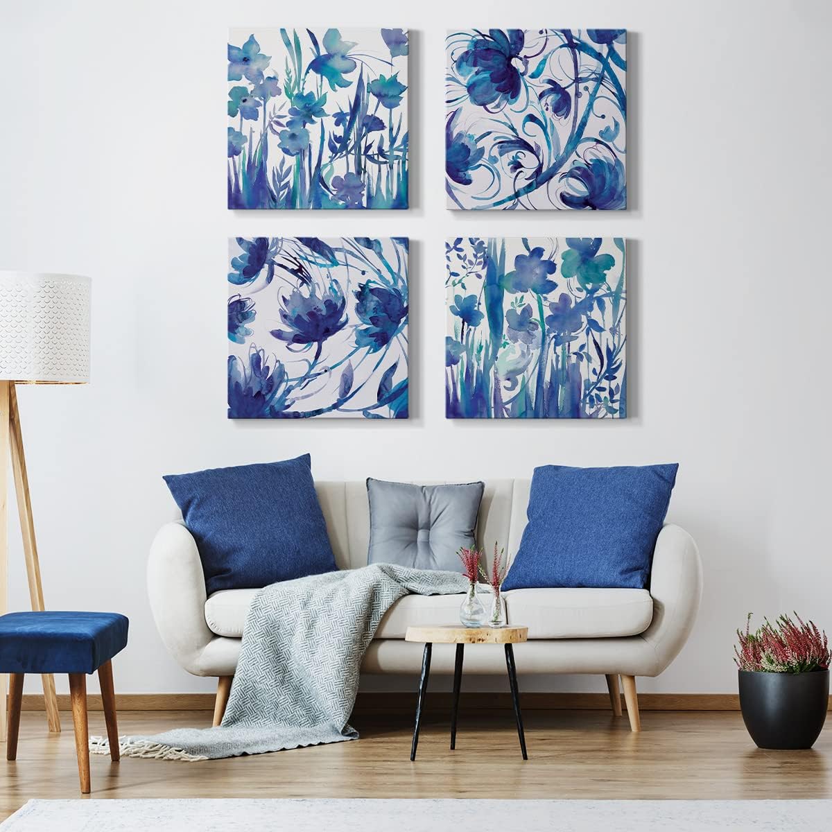 Renditions Gallery Bedroom Wall décor Blue Flower Wall Art 4 Pieces Set, 32 x 32 inches Each, Modern Abstract Painting Canvas Prints Artwork for Home, Office, Cabin, Guest Room
