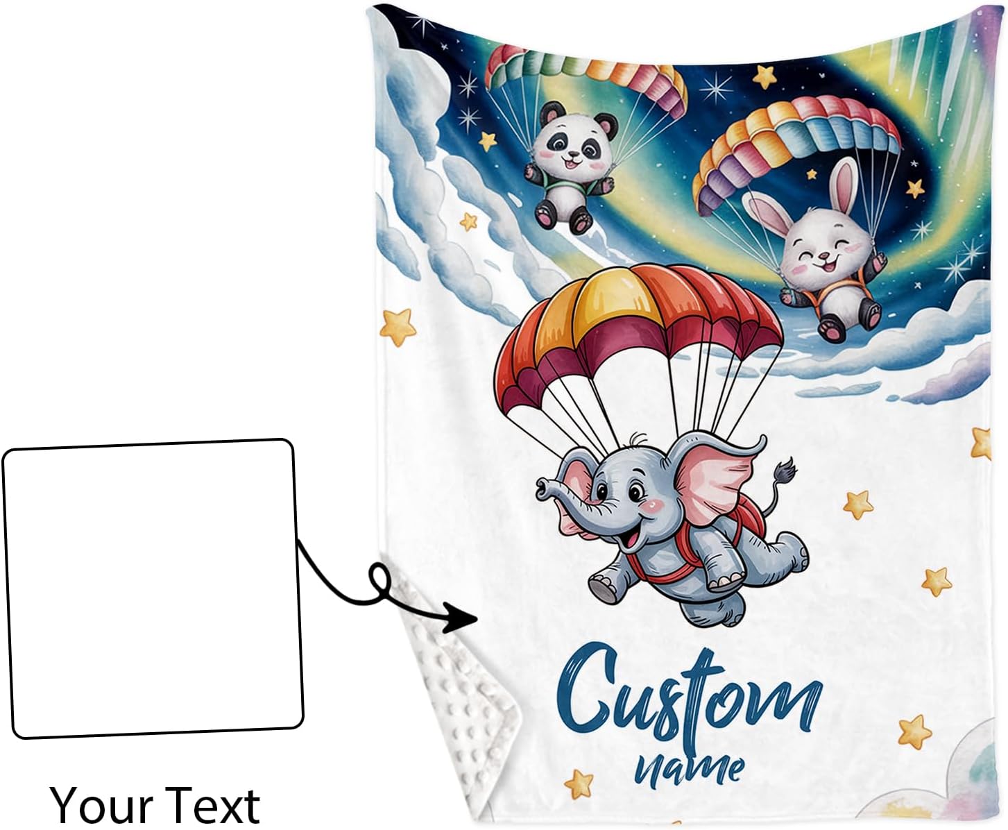 Personalized Crib Bedding Set for Boys, Custom Name Baby Crib Sets 5-Pcs Include Toddler Double Layer Blanket Fitted Sheet Changing Pad Cover Rug Wall Art Set, Elephant Skydiving Pattern Nursery Décor