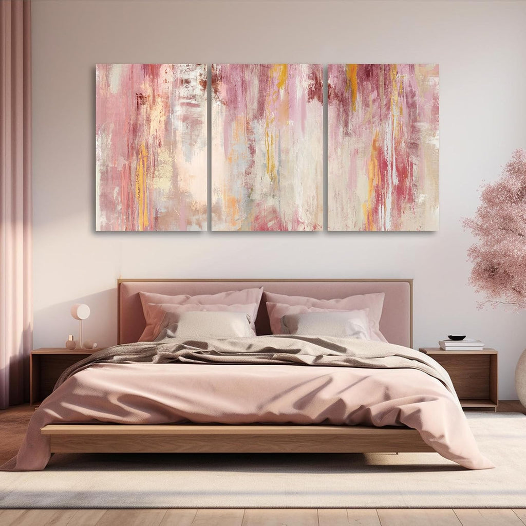 Kureful Large Pink Wall Art Gold Bedroom Decor for Teens Abstract Wall Art for Living Room Canvas Wall Paintings Gold Artwork Pictures for Wall 24'x 36'x 3 Panel