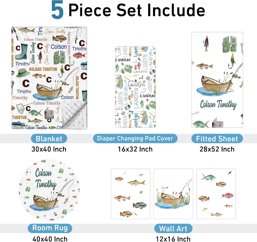 Dyoart Custom Nursery Crib Bedding Set: 5 Piece Go Fishing Baby Crib Sets for Girls Boy with Personalized Name - Toddler Double Layer Blanket Set,Comfortable Crib Bed Sheets for Baby Boys