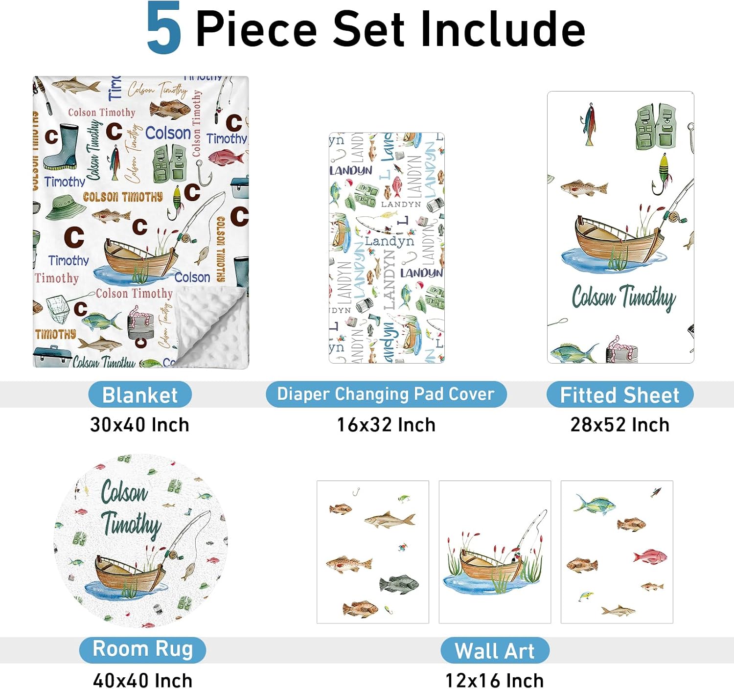 Dyoart Custom Nursery Crib Bedding Set: 5 Piece Go Fishing Baby Crib Sets for Girls Boy with Personalized Name - Toddler Double Layer Blanket Set,Comfortable Crib Bed Sheets for Baby Boys