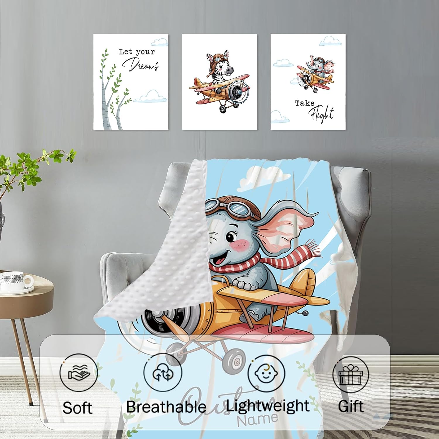 Personalized Crib Bedding Set for Baby Boys, Custom Name Baby Crib Sets 5-Pcs Include Toddler Double Layer Blanket Fitted Sheet Changing Pad Cover Rug Wall Art Set, Elephant Glider Theme Nursery Décor