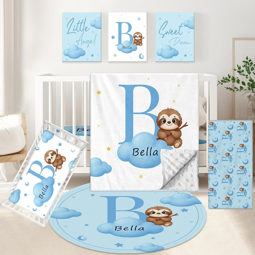 KAINSY Custom Crib Bedding Set, 5 Pcs Personalized Name Monogram Baby Crib Sets for Infants Toddlers, Blue Sloth Nursery Bedding Set for Boys Girls, Double Layer Baby Bedding Sets Customized Gifts