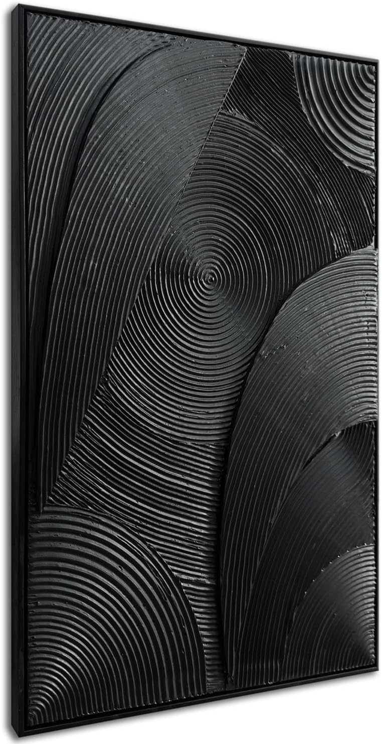 Slyart Black Textured Wall Art, Handmade Contemporary Art 3D Abstract Relief Painting, Framed Thick Texture Vertical Wall Art