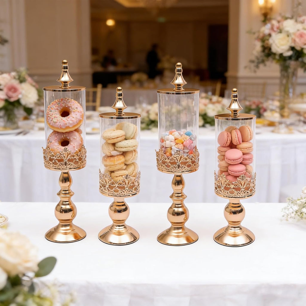 Candy Jars with Lids,4 PCS Gold Metal Sugar Bowl Holder Set,Candy Dish Buffet Storage Container Dessert Snack Biscuit Table Decor Stands for Home Wedding Party