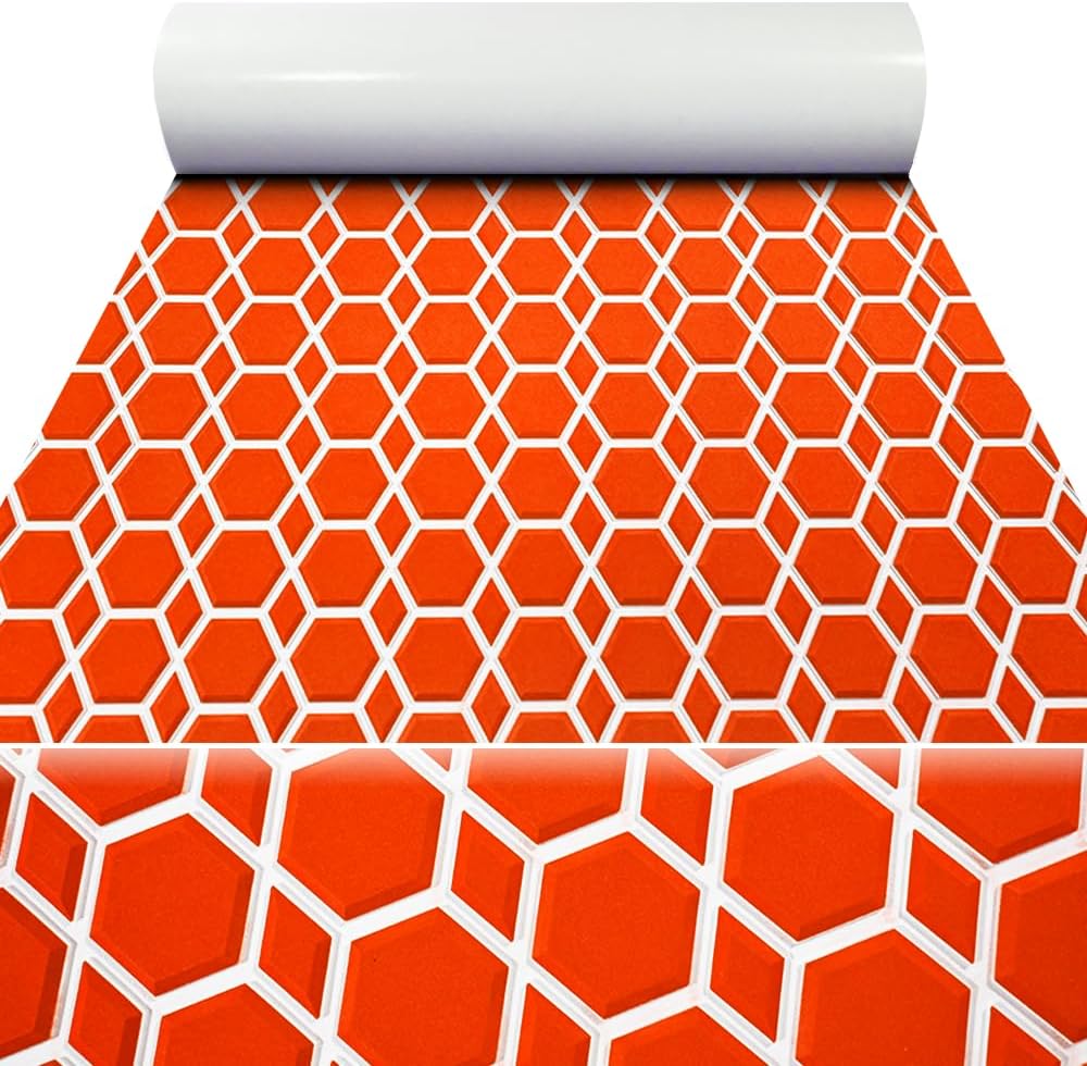 98.4'X43.31' Diamonds and Hexagons EVA Self-Adhesive Boat Flooring and Decorative Fish for Yacht Pool Boat Flooring Sheet Thick Non-Skid mat (Orange and White, 102.3'X38.58')