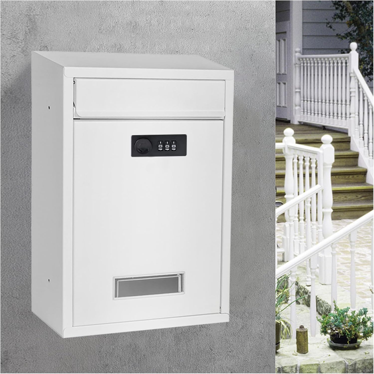 LANGSTON Locking Postbox for House, Wall Mounted Metal Mailbox, Security Lock Drop Box Collection Boxes Hanging Secure Postbox, Combination Lock Mail Boxes Outdoor,White