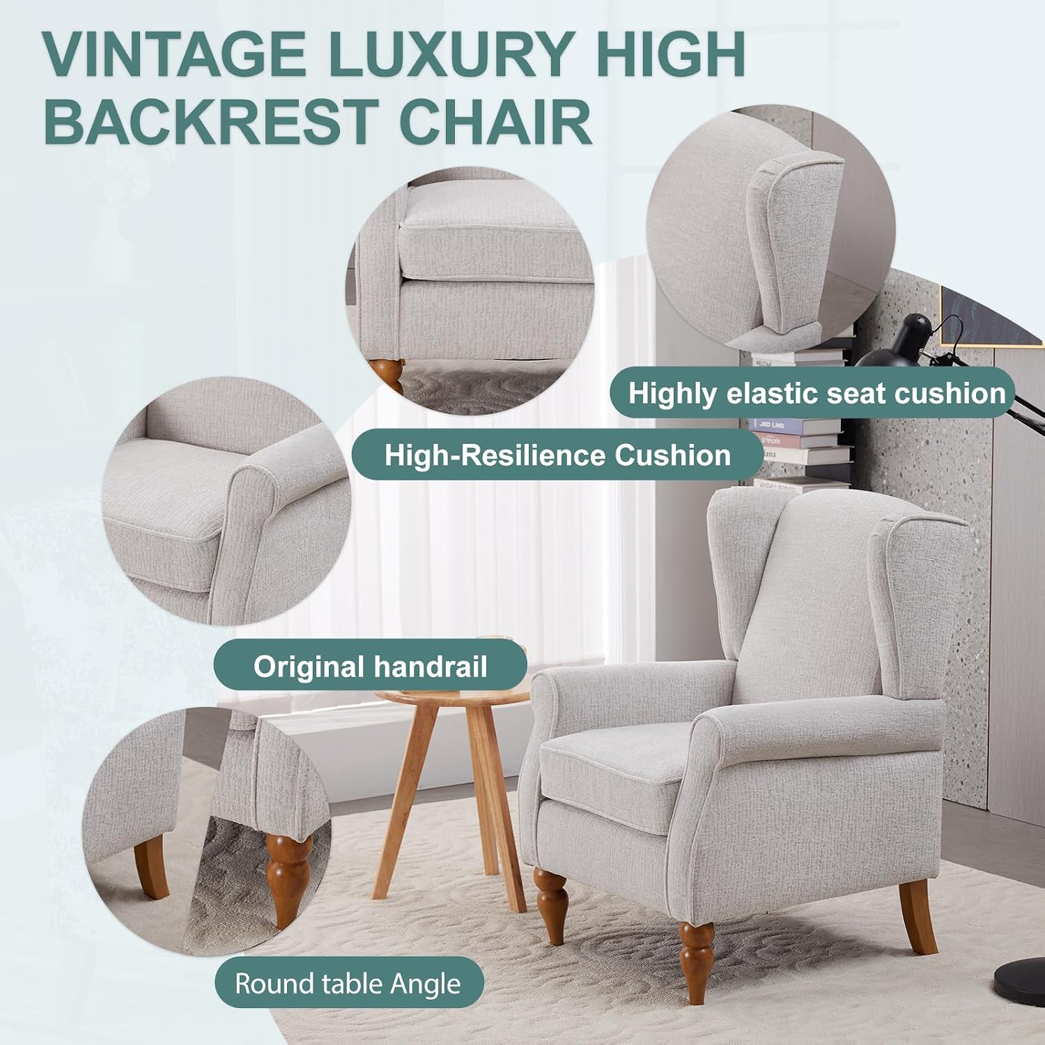 Mid-Century High Wingback Chair Set of 3,Modern Fabric Accent Chair Armchair with Solid Wood Coffee Table,Leisure Single Sofa Chair for Living Room,Club,Home Reception,Beige