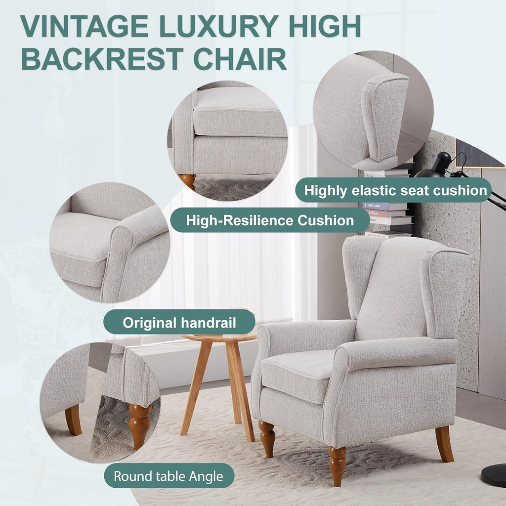 Mid-Century High Wingback Chair,Modern Fabric Accent Chair Armchair with Solid Wood Coffee Table Set,Leisure Single Sofa Chair for Living Room,Club,Home Reception,Beige