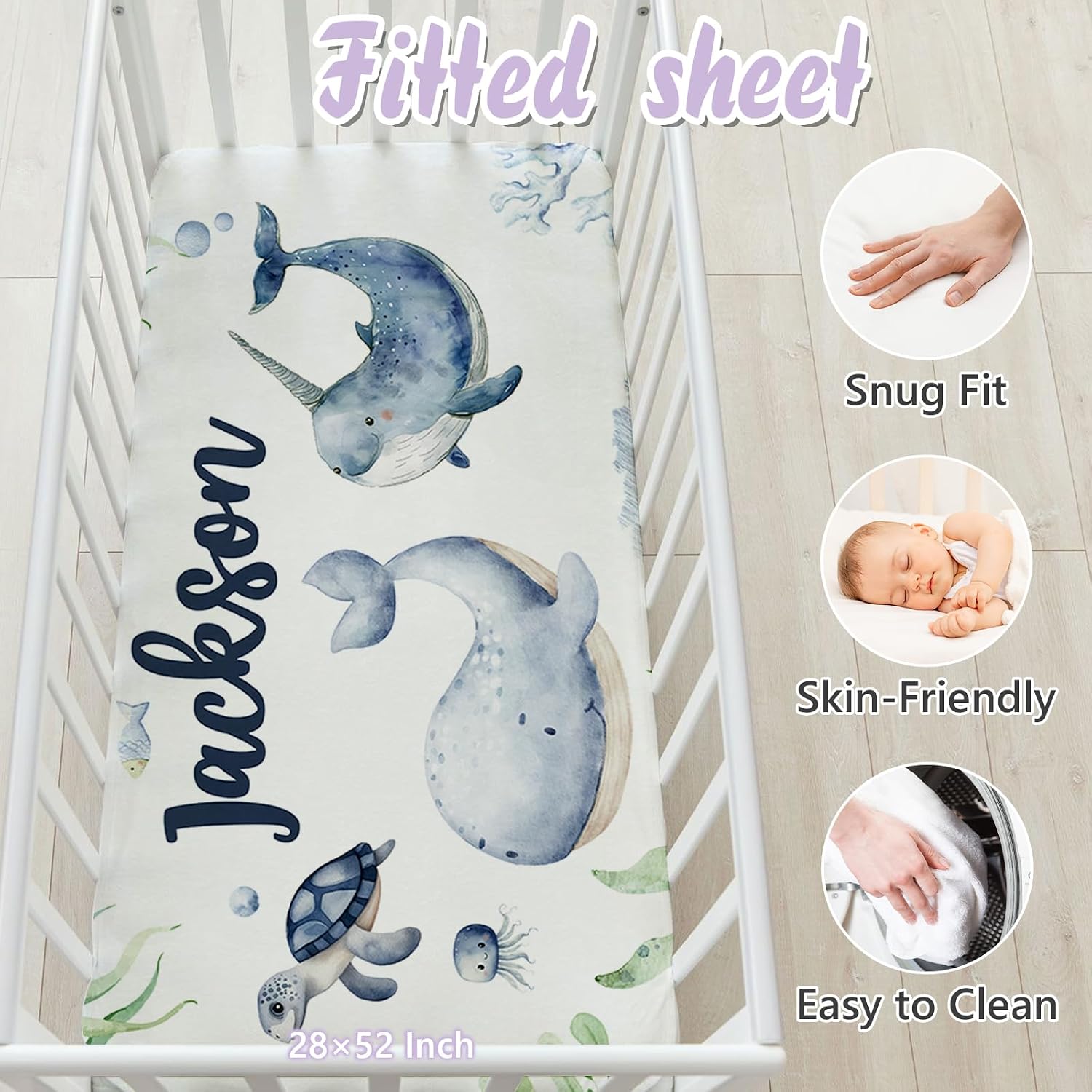 Custom Baby Crib Bedding Set, 5 PCS Personalized Name Baby Crib Sets for Girls Boys, Sea Animals Theme Nursery Bedding Sets for Infant Toddler, Double Layer Flannel Bed Set Customized Gifts
