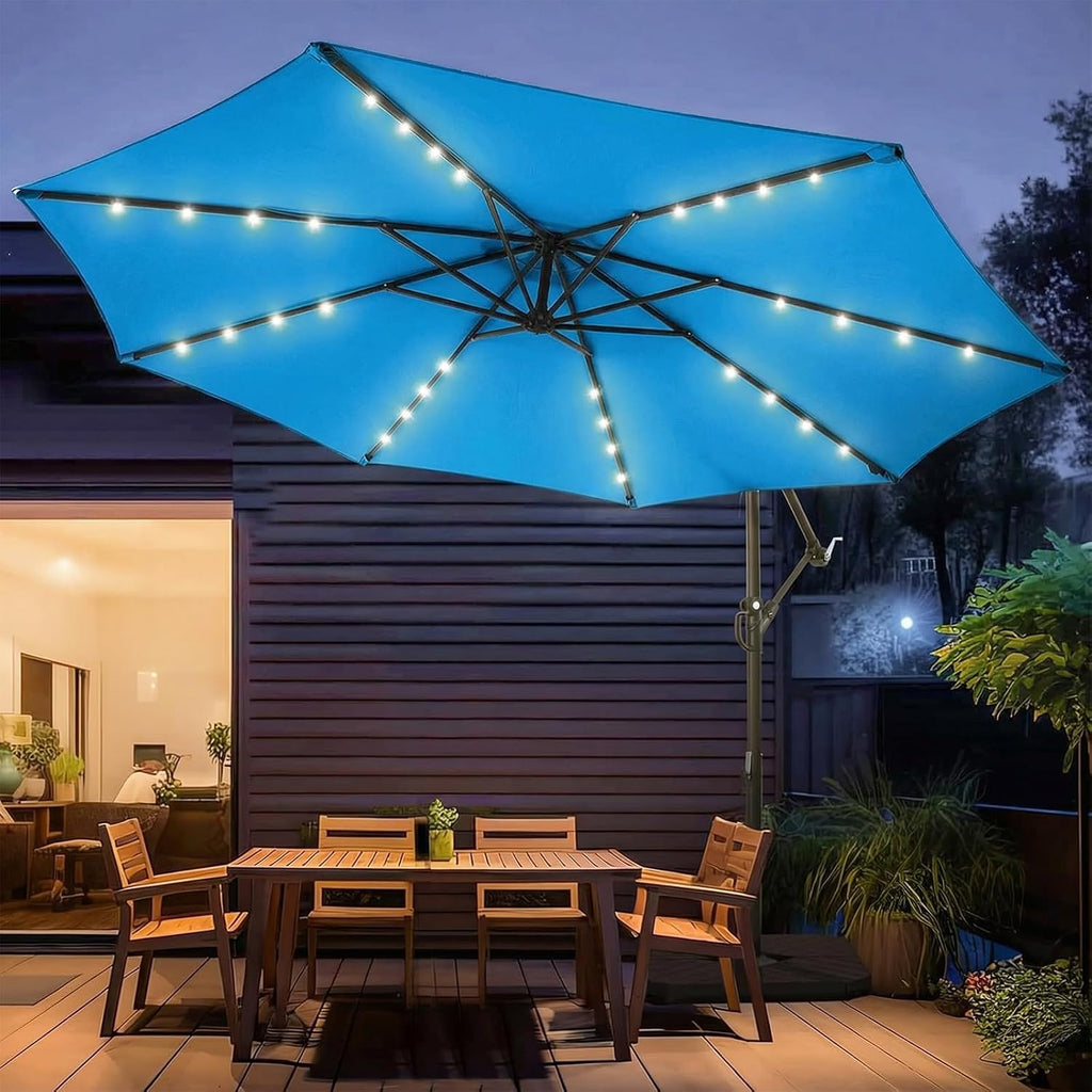 wikiwiki 10ft Solar LED Patio Umbrella with Base Included, Offset Umbrella with Sandbag Base, Cantilever Patio Umbrellas for Backyard, Garden & Deck, 32 LED Lights & Polyester Shade, Royal Blue