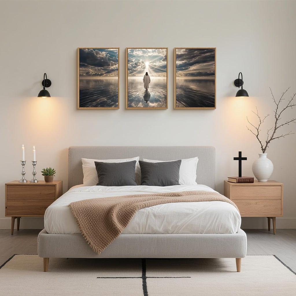HPNIUB Jesus Canvas Wall Art Set, Jesus Walking On Water Framed Wall Decor Christian Religious Modern Serenity Prayer Art Prints Artwork for Living Room,Bedroom,Farmhouse,Prayer Room-24 x36 x3