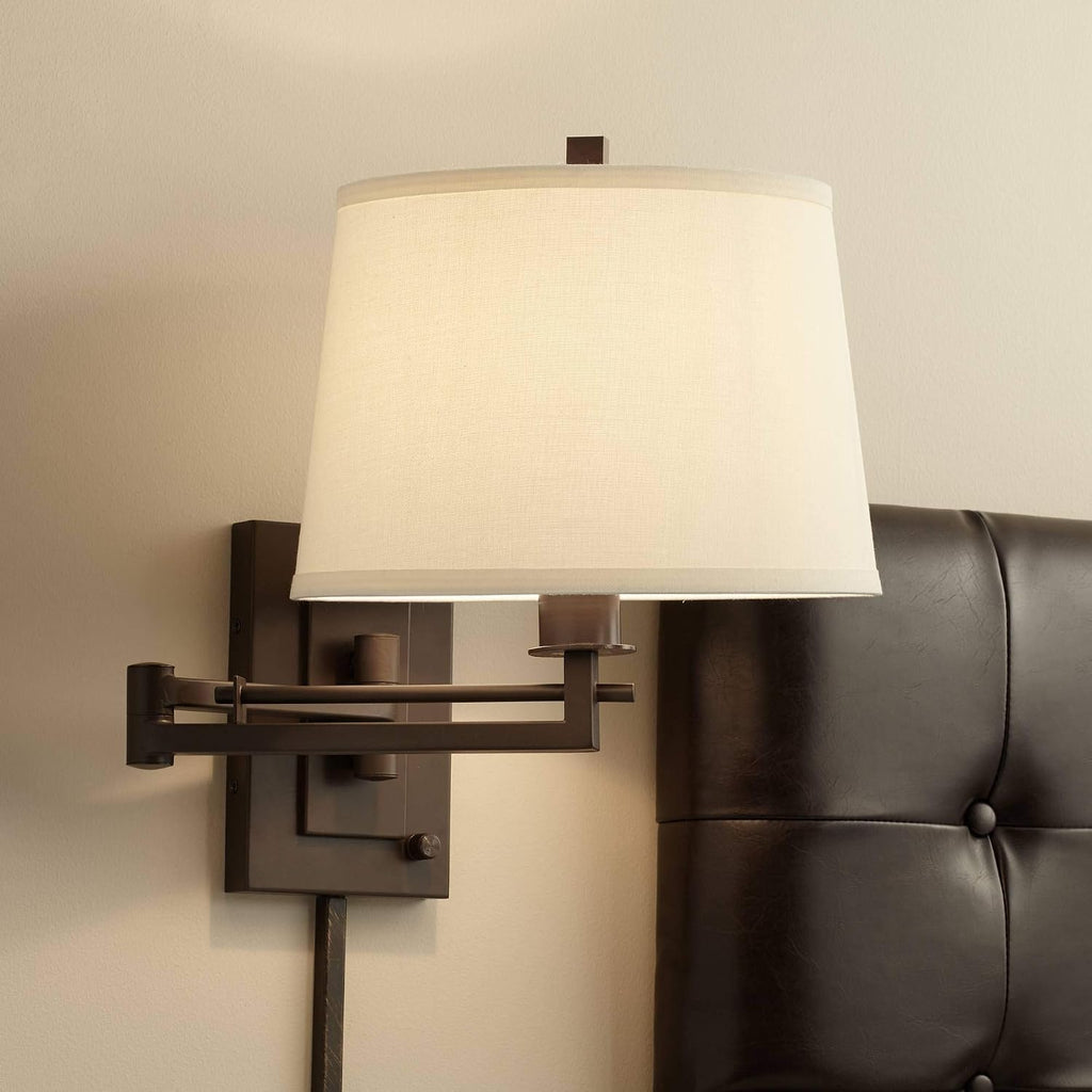Franklin Iron Works Easley Modern Swing Arm Adjustable Wall Lamp with Cord Matte Bronze Brown Plug-in Light Fixture Dimmable Fabric Drum Shade for Bedroom Bedside Living Room Reading Kitchen