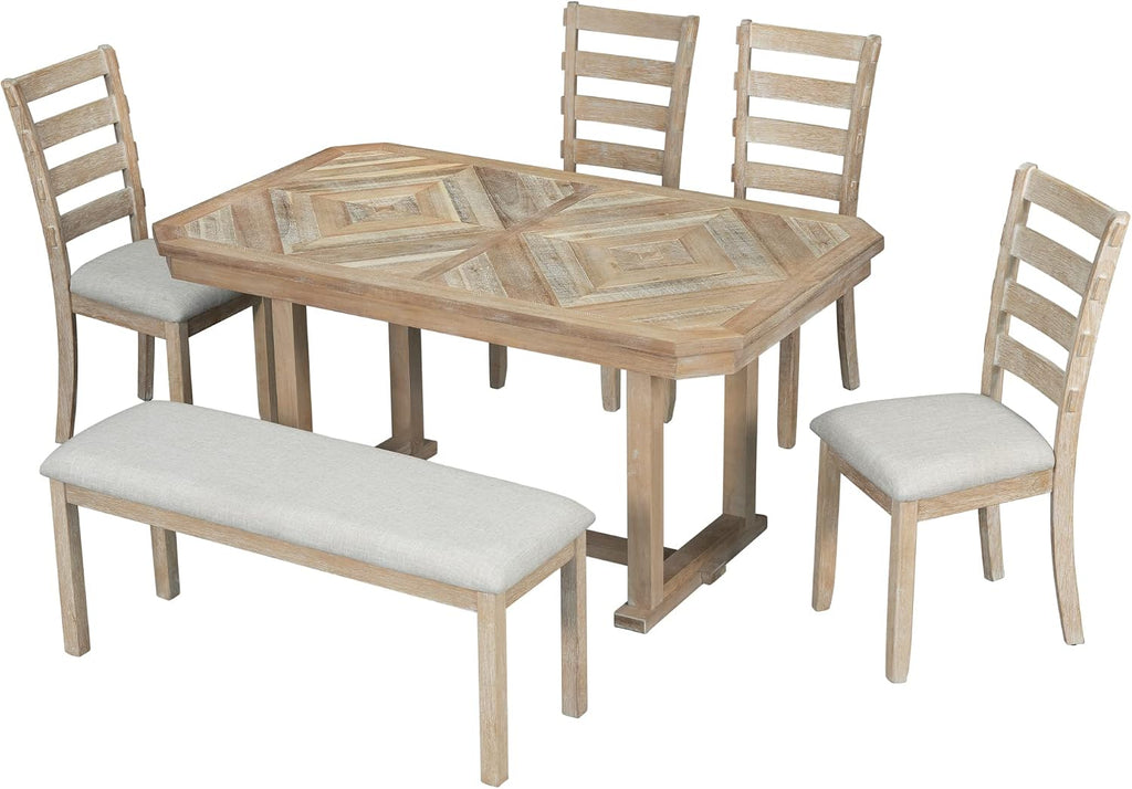 Solid Wood 6-Piece Dining Room Table Set with Beautiful Wood Grain Pattern Tabletop, Rustic Style Kitchen Dining Table Set with 4 Padded Ergonomic Chairs & a Bench (Natural Wash-Grain)