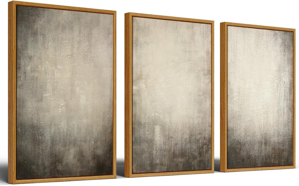 Vaskuro Extra Large Framed Art, Handmade Textured Canvas Paintings, Neutral Abstract Light Brown Wall Decor for Living Room, 3 Pcs,24x36In, Modern Minimalist Cozy Artwork for Bedroom