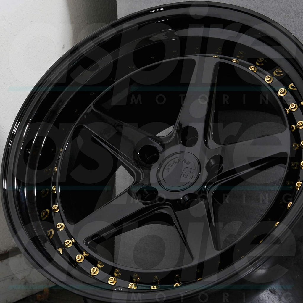 Aodhan DS-05 Custom Wheel - 18x9.5, 35 Offset, 5x100 Bolt Pattern, 73.1mm Hub - Gloss Black with Gold Rivets Rim