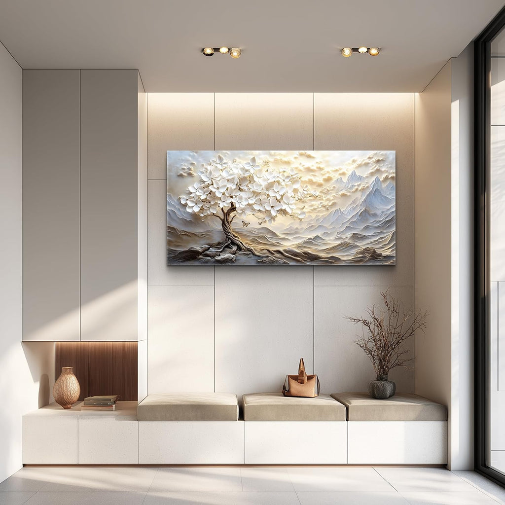 XIGUANGART Large Canvas Wall Art Mountain Landscape Farmhouse Floral Paintings Modern Abstract Artwork for Walls White Tree of Life Pictures for Living Room Bedroom Dining Room Office Home Wall Decor